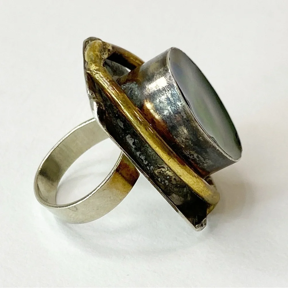 Vintage Latappy French Brutalist Mixed Metal Resin Statement Ring Adjustable HTF